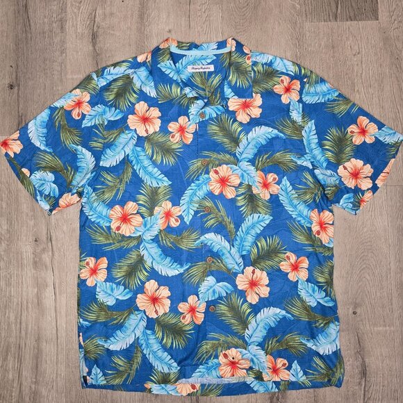 Tommy Bahama silk Mens Hawaiian Floral Short Sleeve Shirt L/ G Blue Orange Cotto - Picture 8 of 10